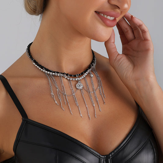 Gothic Streetwear Geometric Alloy Evil Eye Rhinestone Pendant Necklace with Tassel for Women