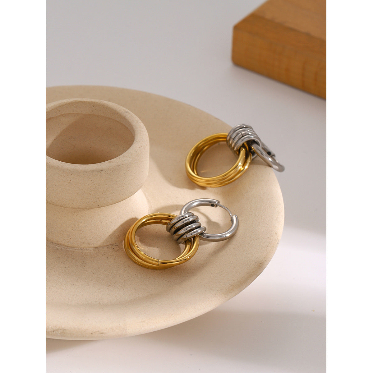 Two-Tone Polished 18K Gold Plated Stainless Steel Round Geometric Hoop Earrings with Three Gold Rings