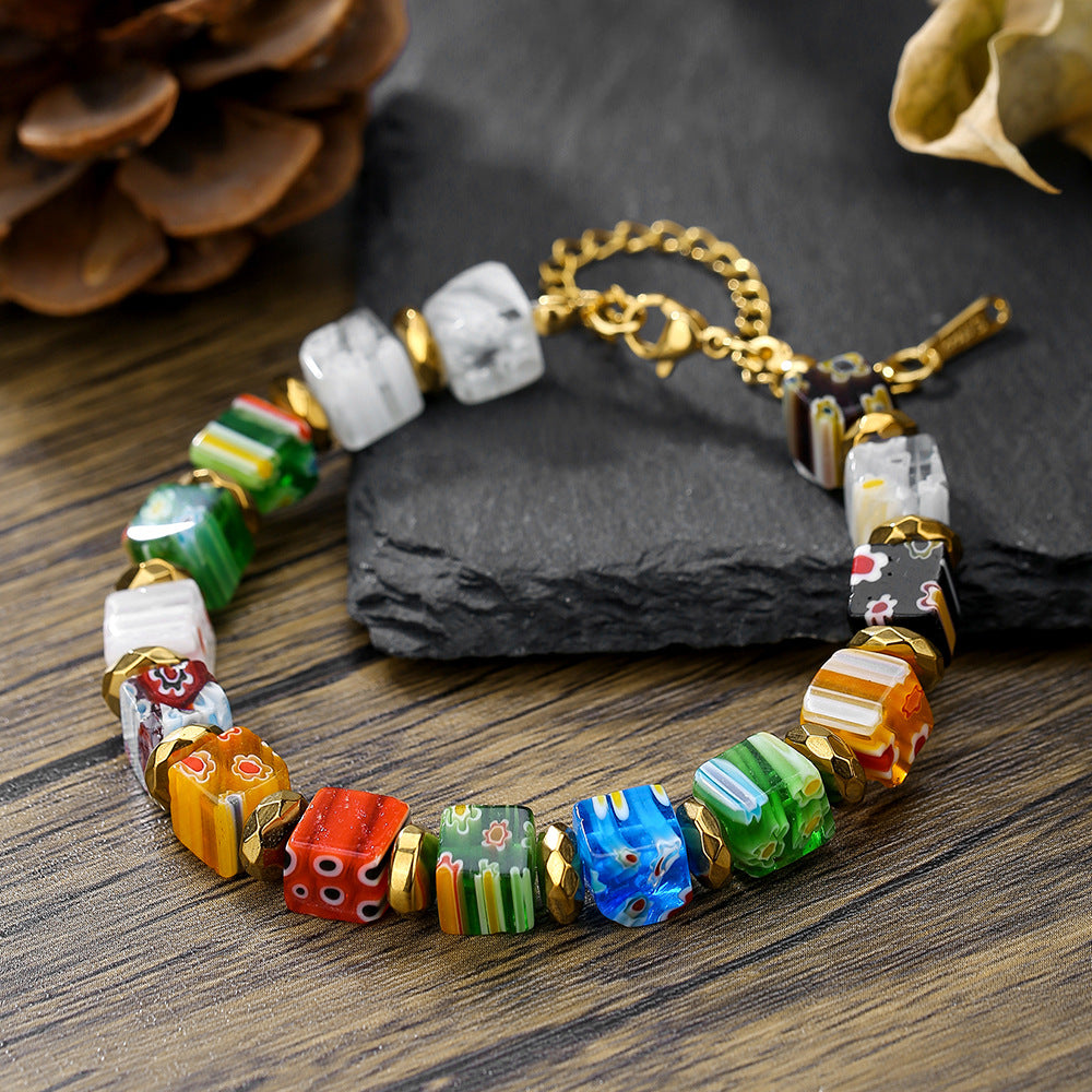 Handmade Murano Millefiori Glass Bead Charm Bar Bracelet Round Geometric Unisex Fashion Jewelry