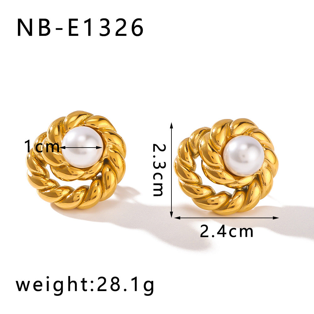 Vintage-Style Geometric Round Pearl Earrings for Women in Stainless Steel with 18K Vacuum Plating