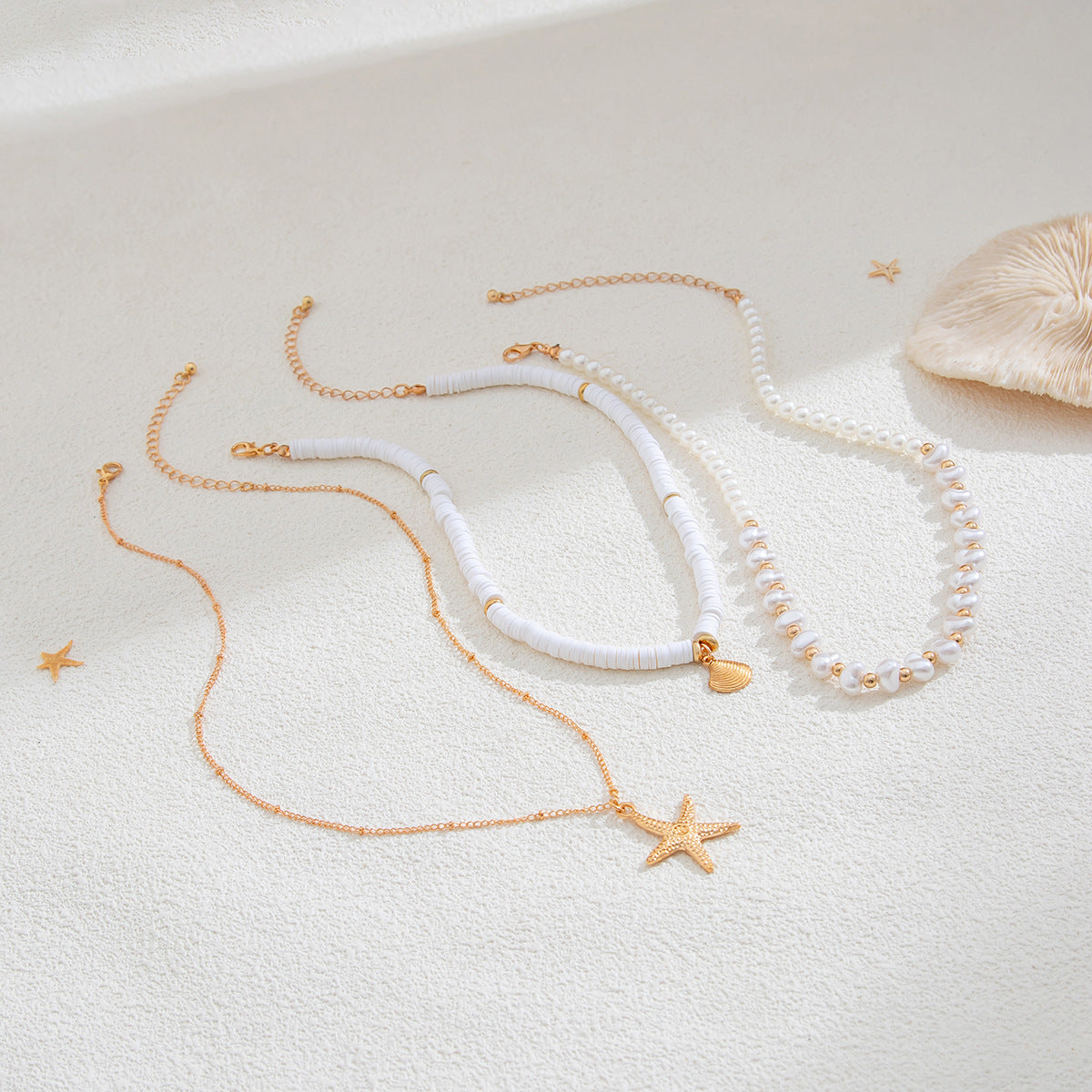 Bohemian Baroque Imitation Pearl Starfish Shell Bead Necklace for Women
