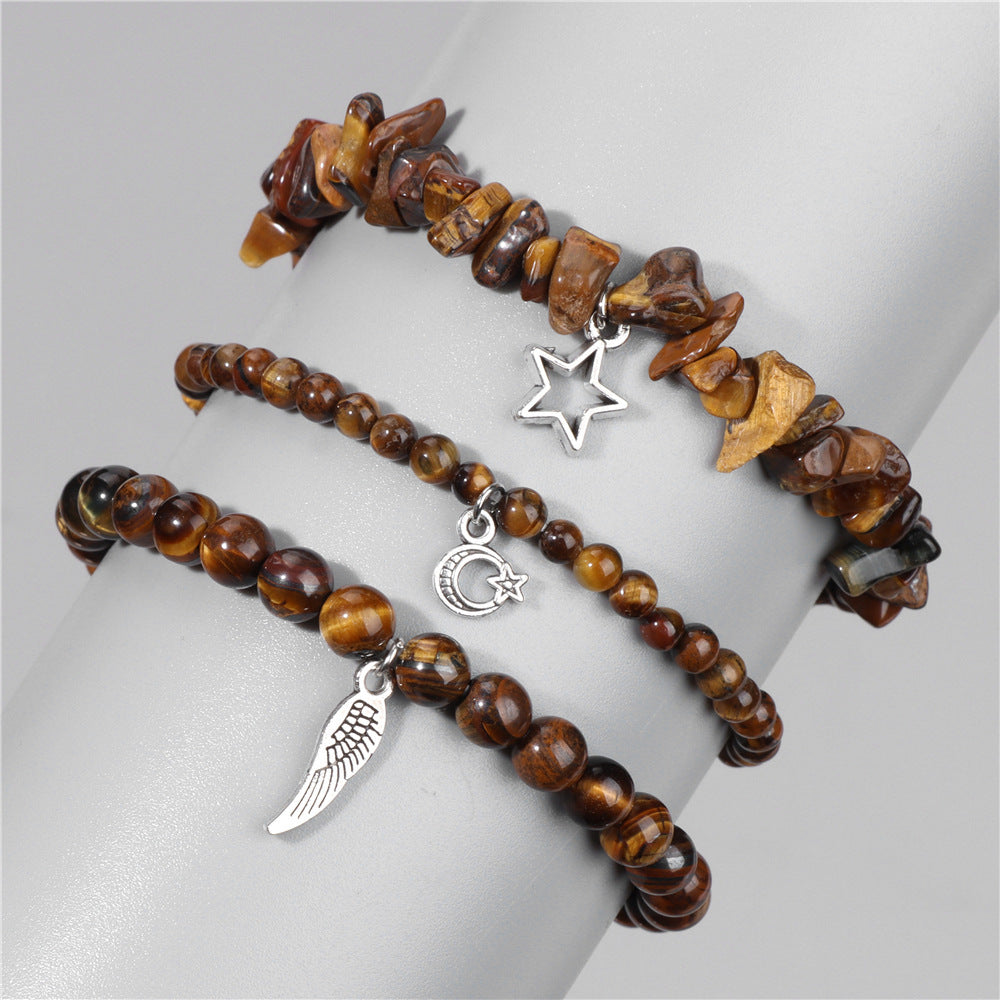 Vintage Amethyst Crystal Chip Beads Bracelet with Star Moon Pendant Geometric Irregular Stone Elastic Multi-Layer Bracelet for Women