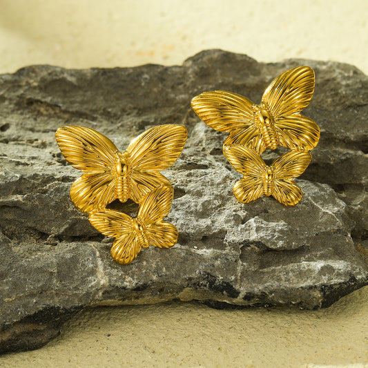 Vintage Style Butterfly Tassel Pendant Earrings in Titanium Steel with 18K Gold Plating