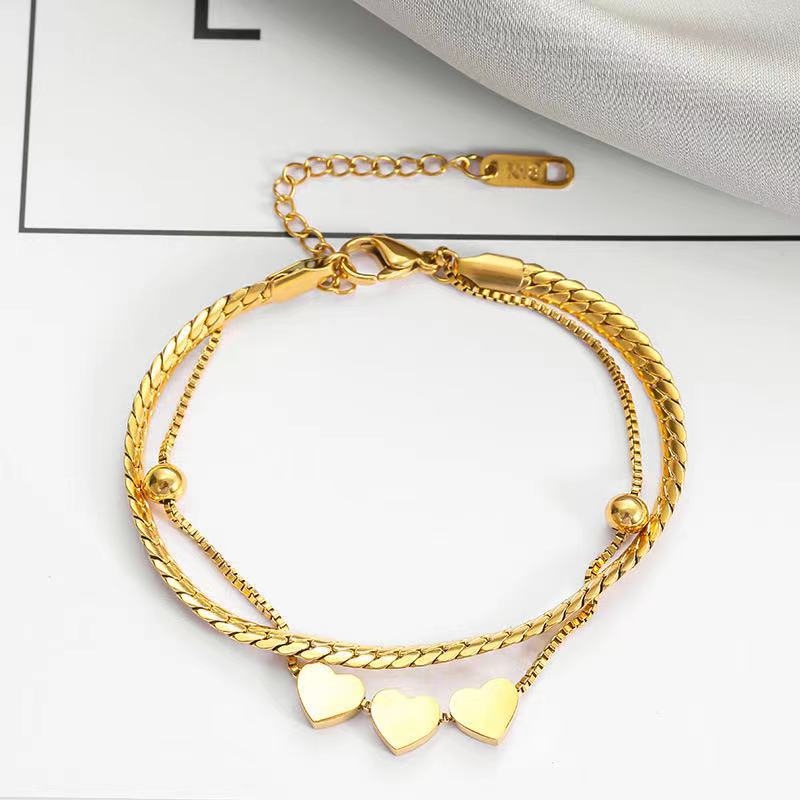 Fashionable 18K Plated Titanium Steel Double Layer Heart Shape Bracelet for Women