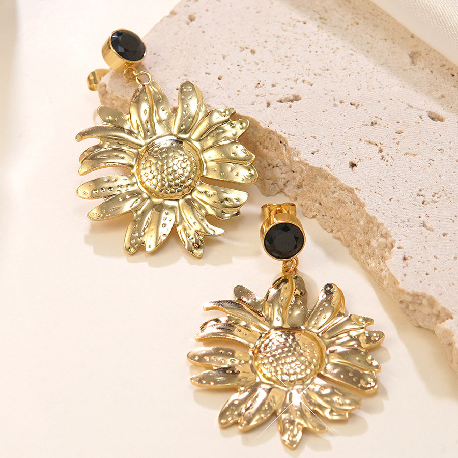 Orecchini a perno esagerati vintage in acciaio inossidabile con girasole intarsiato di strass per donna