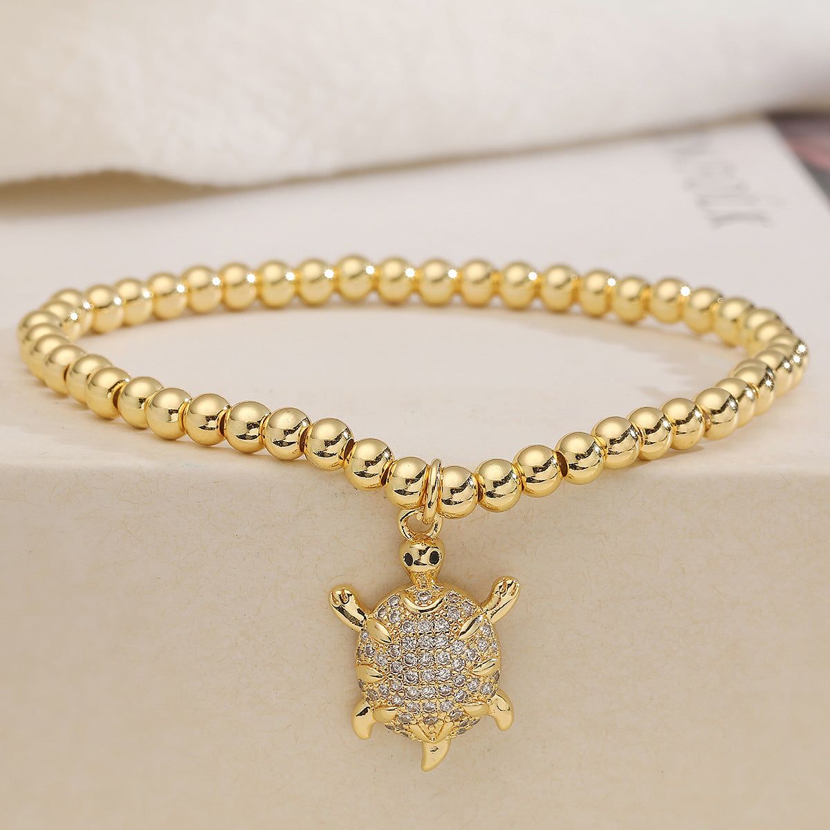 Fashion Cute 18K Gold Plated Cubic Zirconia Turtle Animal Brass Ball Chain Bracelet for Women