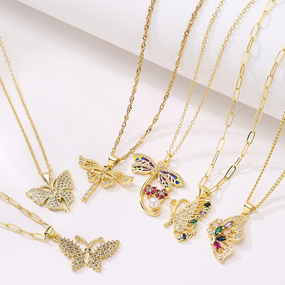 Minimalist Butterfly and Dragonfly Pendant Necklace for Women in Copper with 18K Gold Plating and Micro-Pave Zirconia