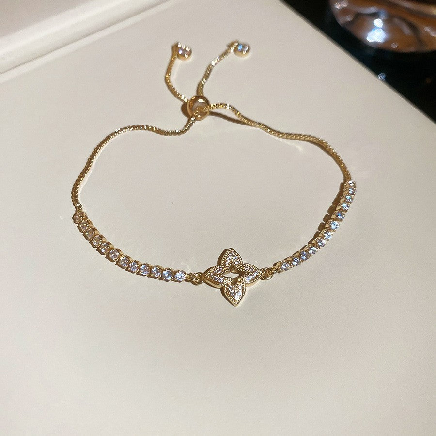 Elegant Geometric Floral Bracelet for Women in Plated Copper with Rhinestone Accents, Minimalist Office Style Hand Jewelry
