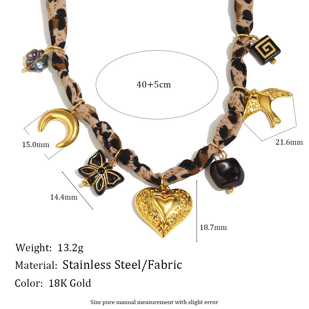 Collar con Colgante de Luna y Estampado de Leopardo Geométrico Minimalista para Mujer de Acero Inoxidable con Baño de Oro de 18K