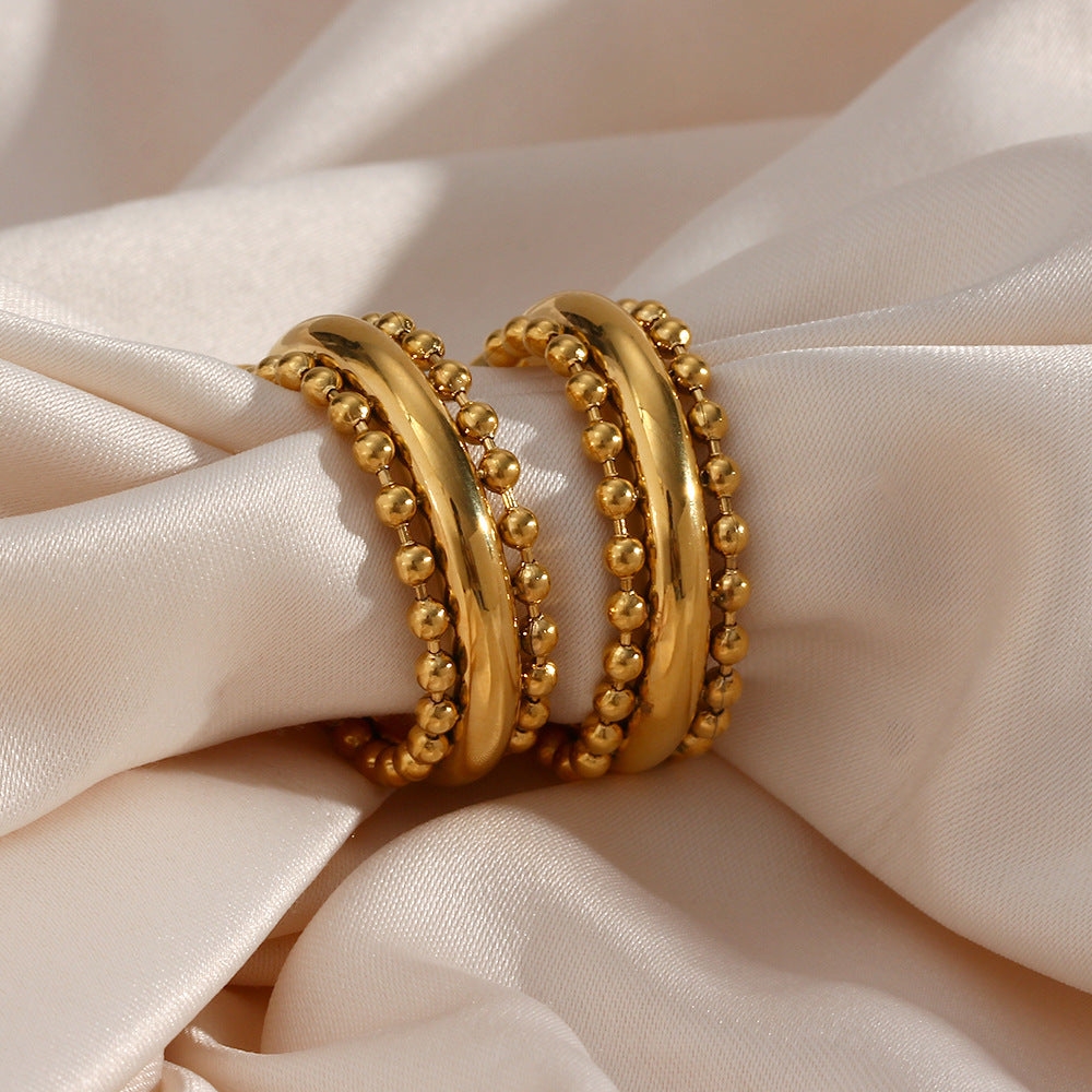 Orecchini a cerchio da donna in acciaio inossidabile placcati oro 18 carati stile bohémien con design geometrico di perline e pizzo
