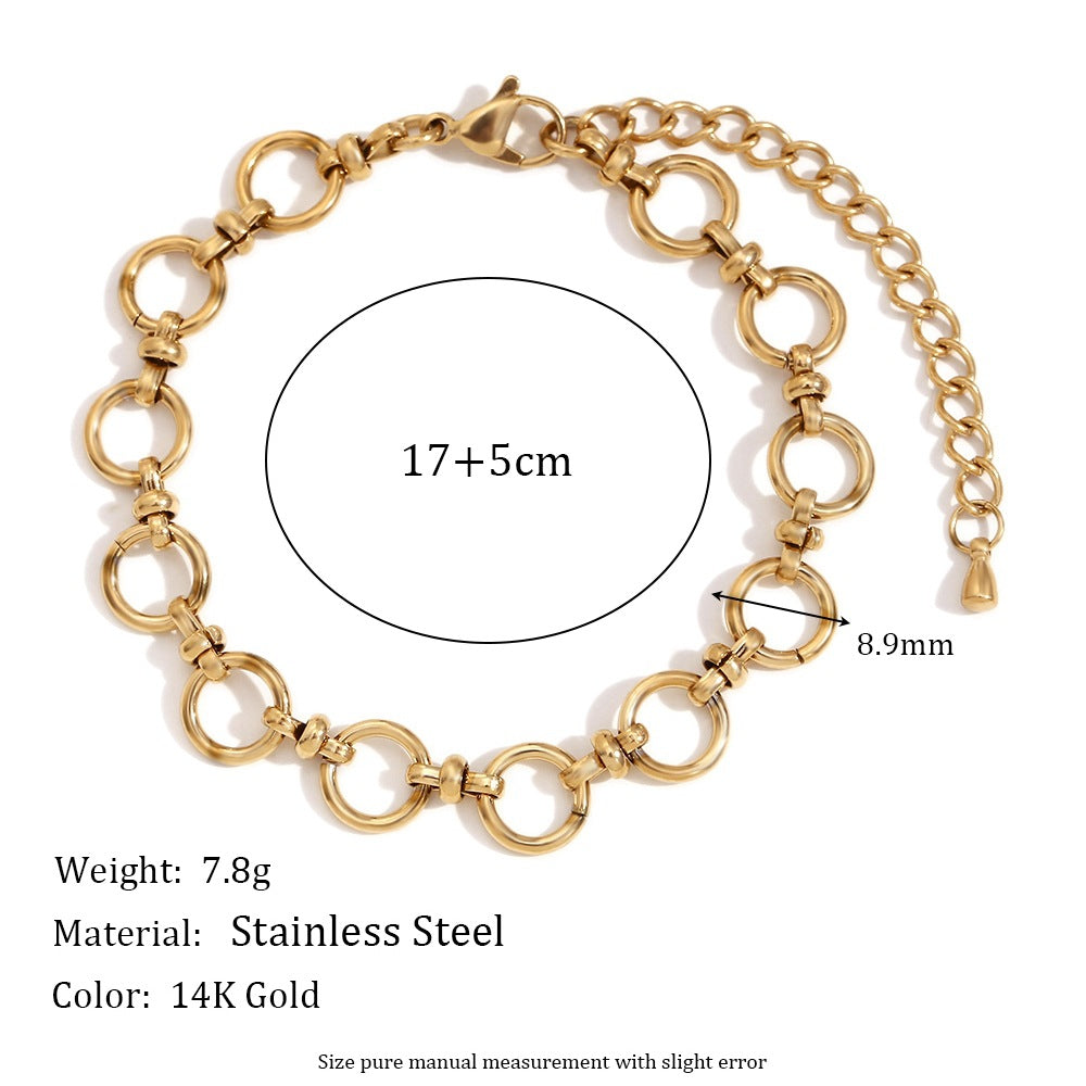 Minimalist Geometric Stainless Steel Plated 14K Gold Round Link Cross Clasp Bracelet for Women