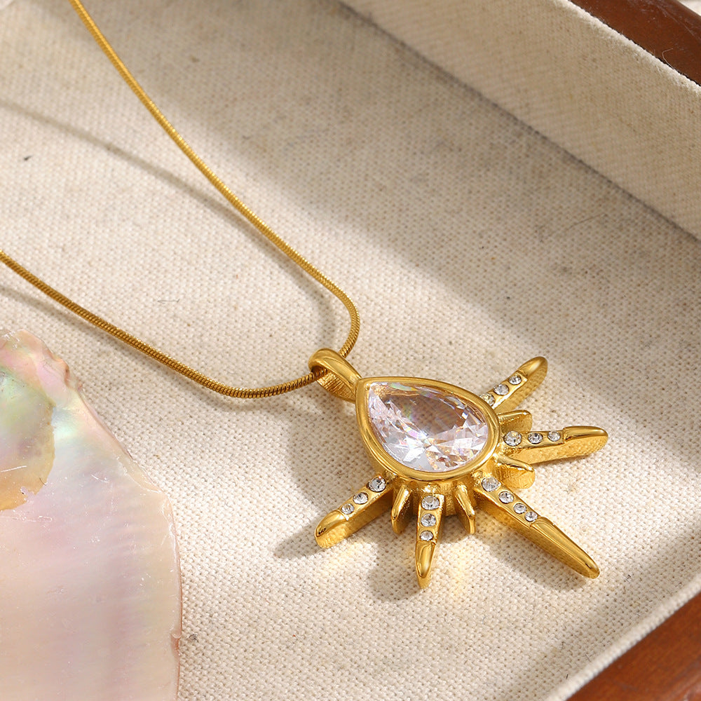 Luxury Elegant 18K Gold Plated Teardrop Star Stainless Steel Necklace with Cubic Zirconia for Women