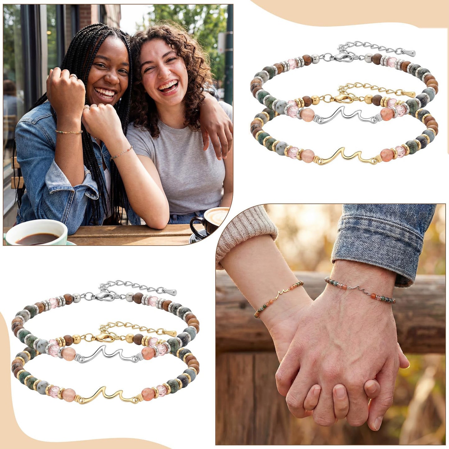 Natural Stone Stainless Steel Wave Bracelet for Women