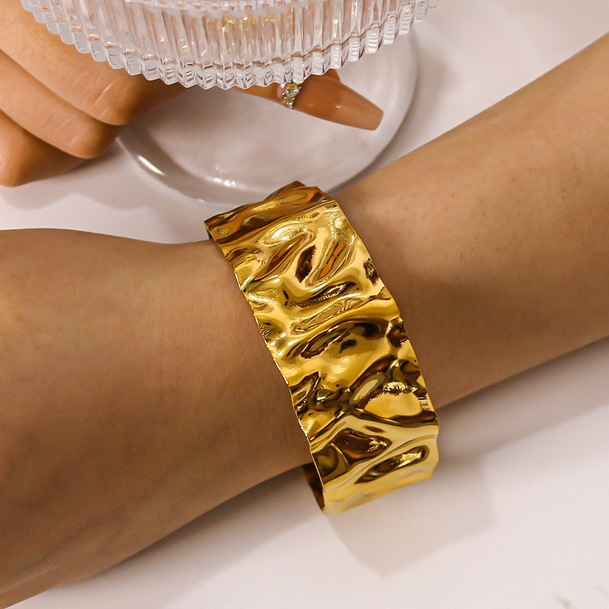 Ins Style Textured Geometric Stainless Steel Bracelet with 18K Gold Plating for Women