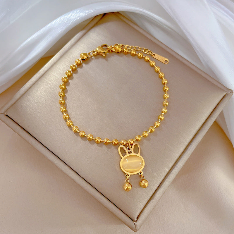 Minimalist Rabbit-Shaped Titanium Steel Bracelet with Gold Inlay and Wavy Texture for Women