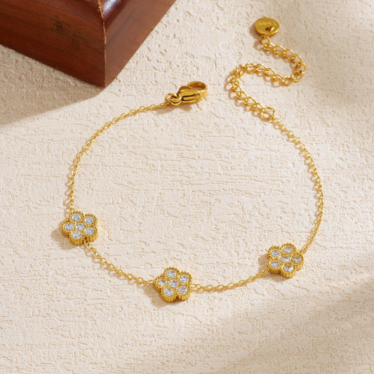 Gold Plated Stainless Steel Floral Cubic Zirconia Bracelet for Women
