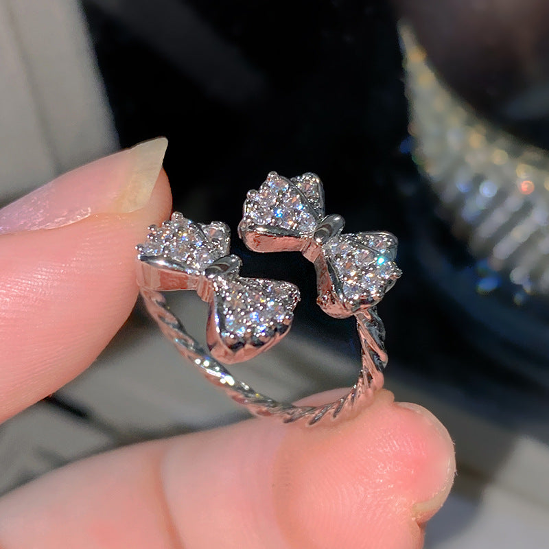 Sweet Elegant Heart Butterfly Brass Ring with Cubic Zirconia Handmade Adjustable