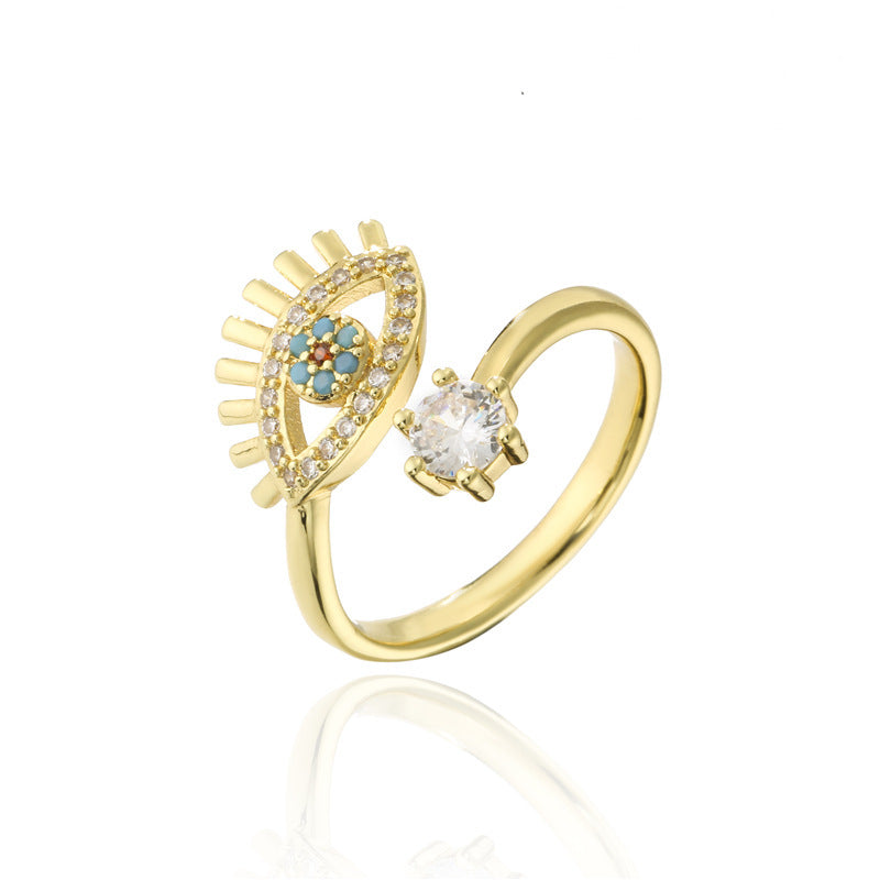Minimalist 18K Gold Plated Brass Geometric Micro-inlay Cubic Zirconia Evil Eye Ring for Women