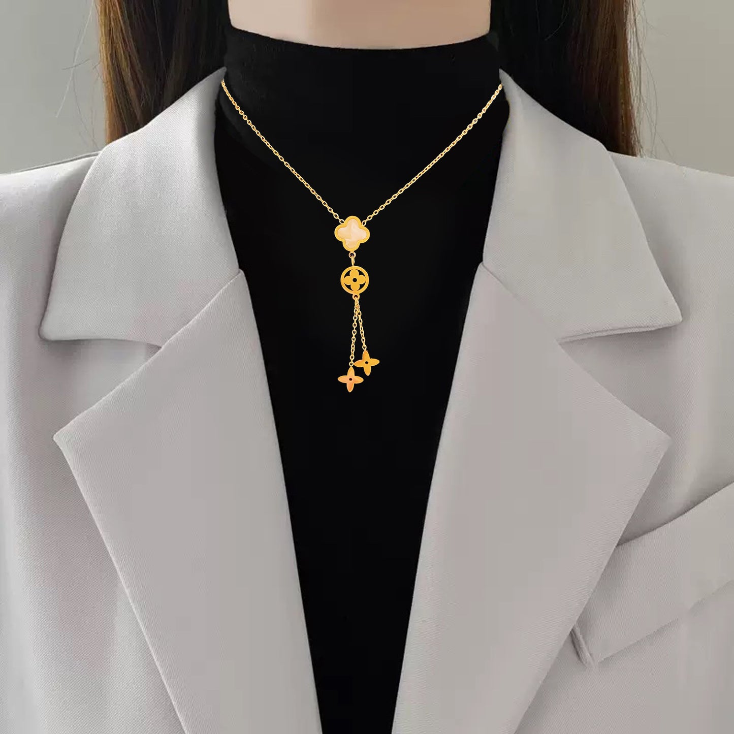 Minimalist Sweet Heart Floral Polished Gold Plated Titanium Steel Necklace with Tassel and White Shell