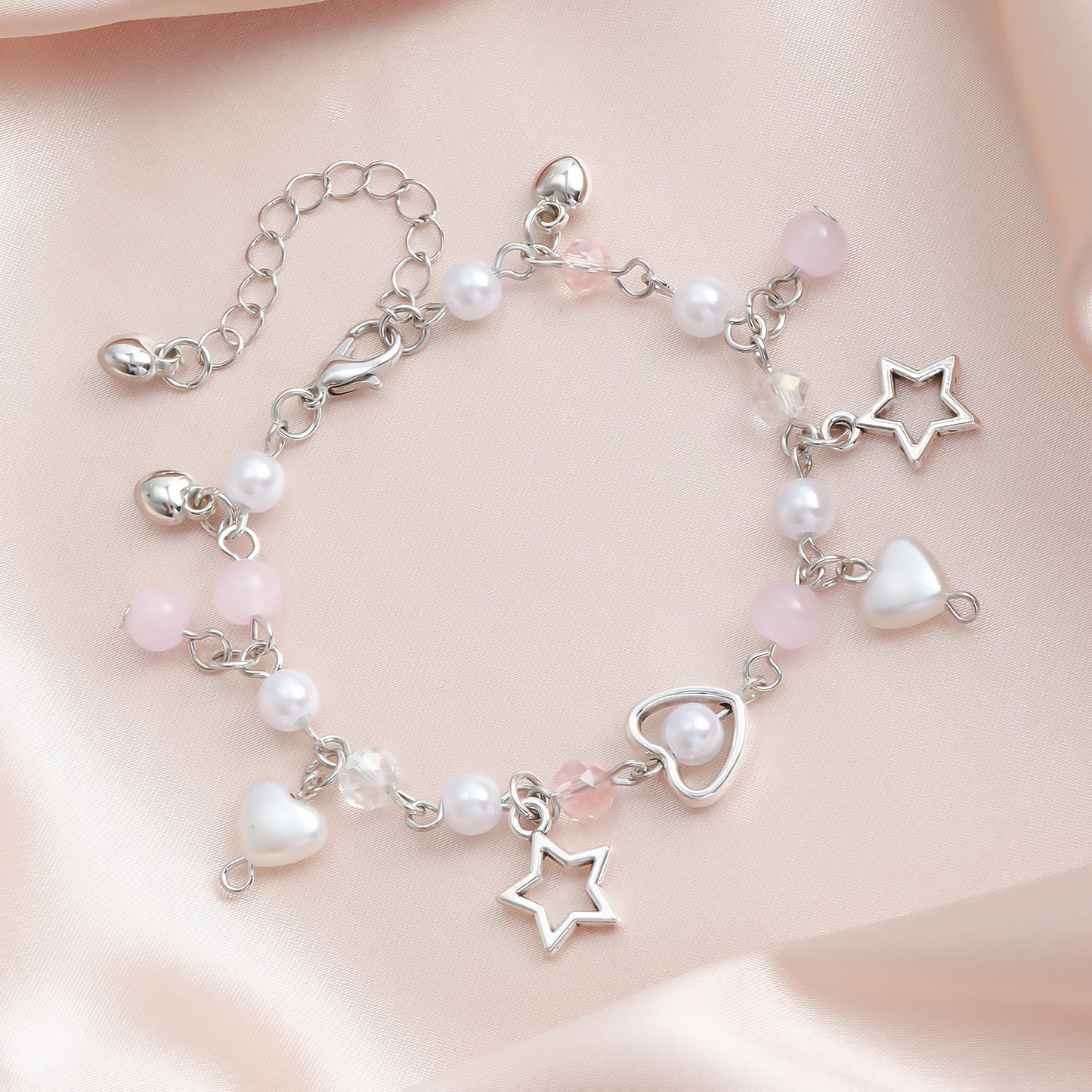 Sweet Fresh Heart and Star Shaped Tassel Bracelet with Simulated Pearl and Crystal Accents Electroplated Metal Minimalist Jewelry