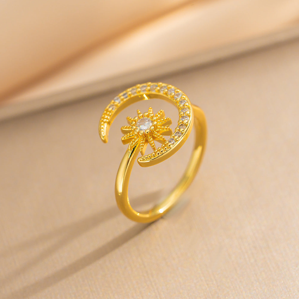 Luxury Minimalist Adjustable Open Ring for Women with Gold-Plated Copper Band and Zircon Stone Accent in Heart and Floral Shape