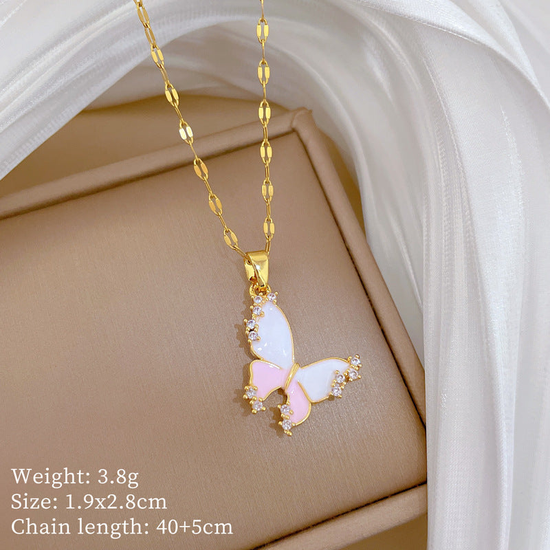 Sweet Drip Oil Pink Butterfly Moon Rhinestone Titanium Steel Necklace Set for Women and Men