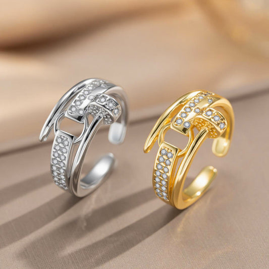 Minimalist Light Luxury 18K Gold Plated Geometric Letter Zircon Rivet Open Ring for Women