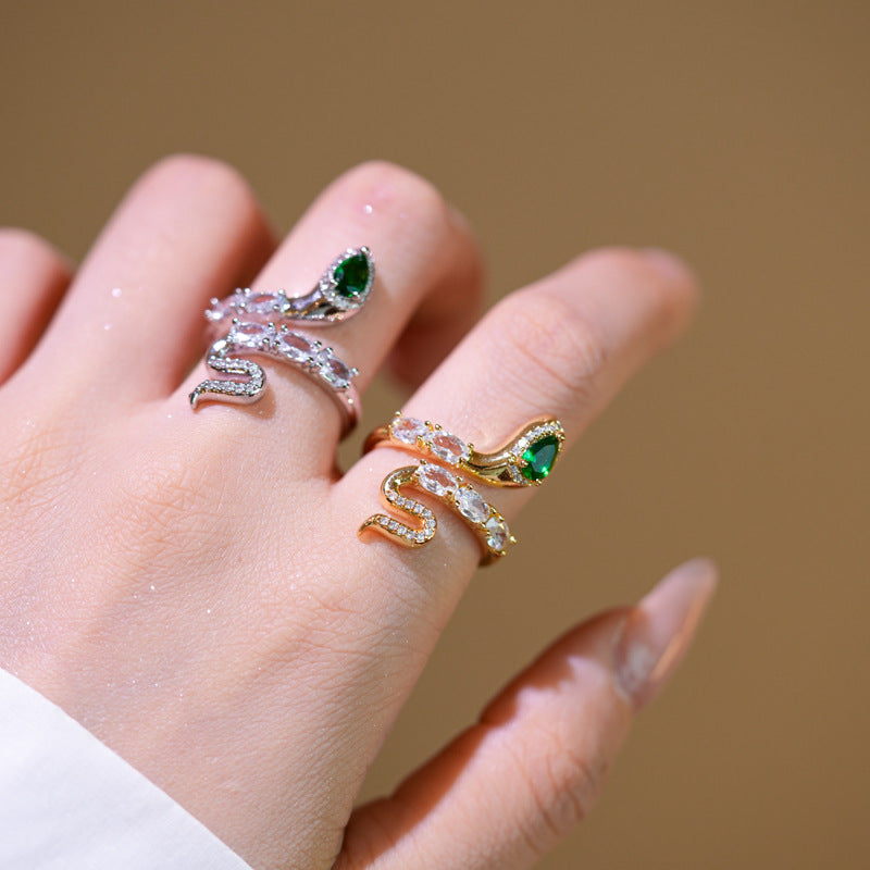 Luxury Minimalist Snake-Shaped Opening Ring in Gold-Plated Copper with Zircon and Emerald Accents for Women