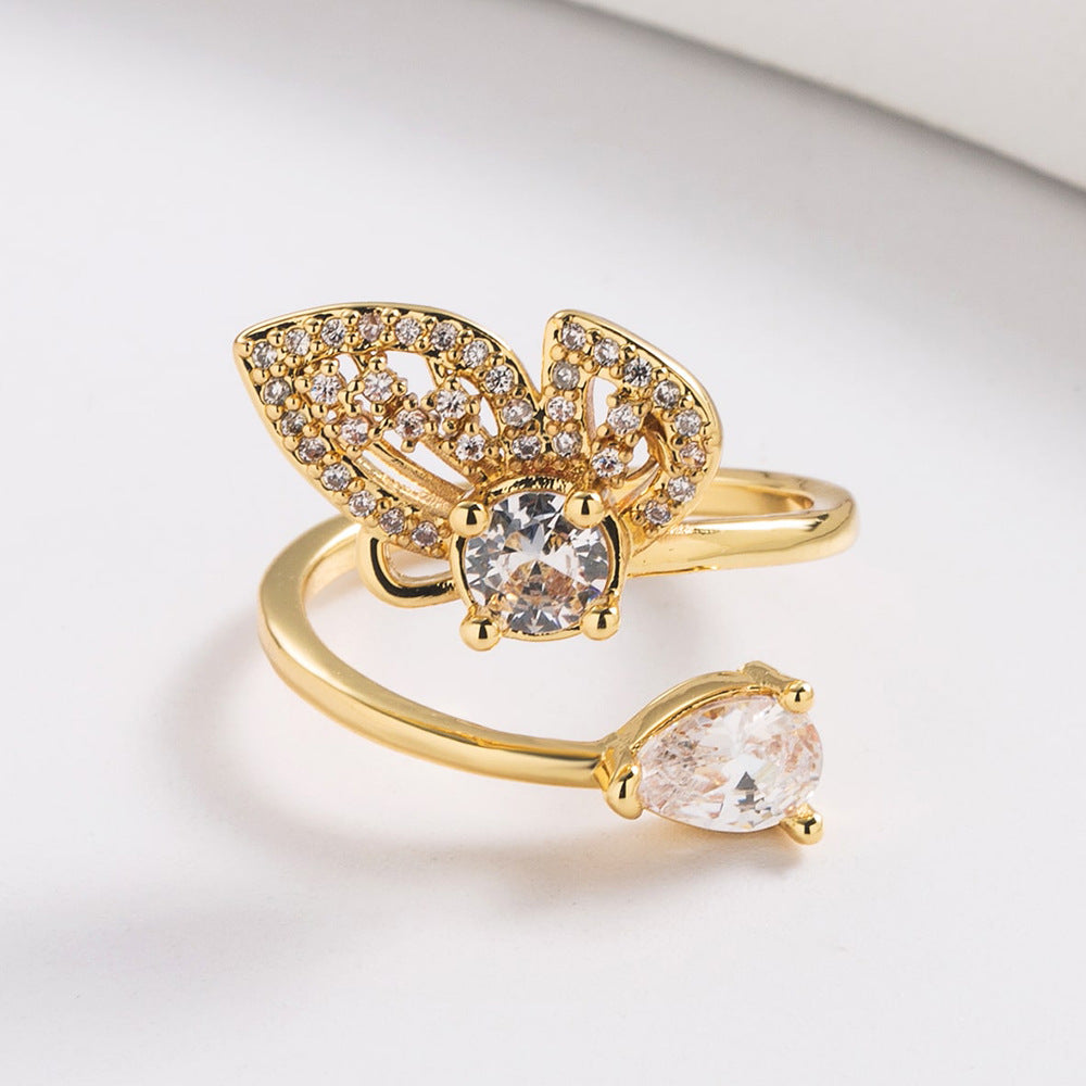 Elegant Butterfly-Shaped Geometric Open Ring for Women in Brass with Real Gold Plating, Micro-Pave Setting, Irregular Design