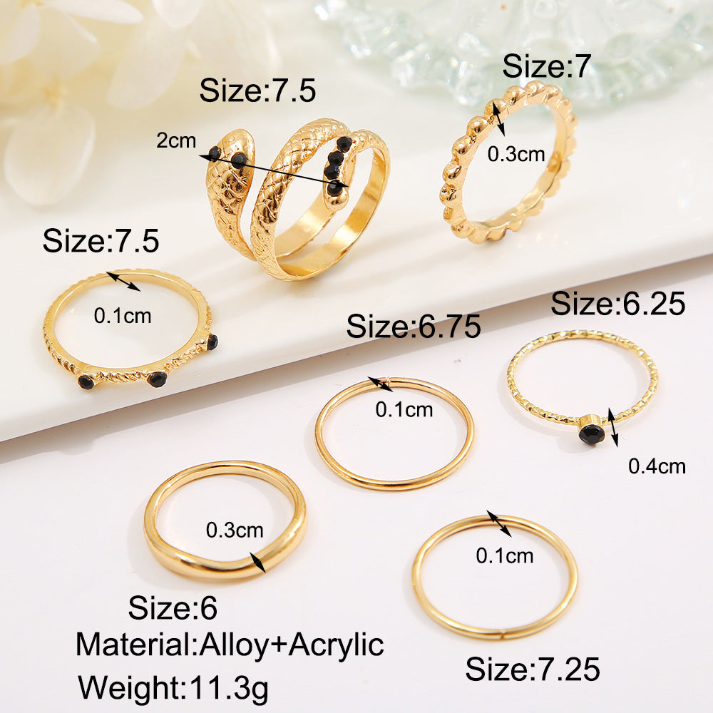 Vintage Punk Geometric Snake Ring Set with Black Rhinestones Alloy Plated 7-Piece Knuckle Rings
