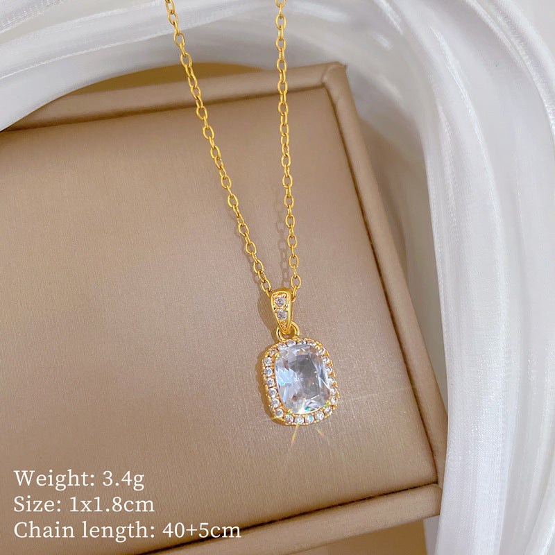 Sweet Geometric Square Cubic Zirconia Titanium Steel Necklace for Unisex