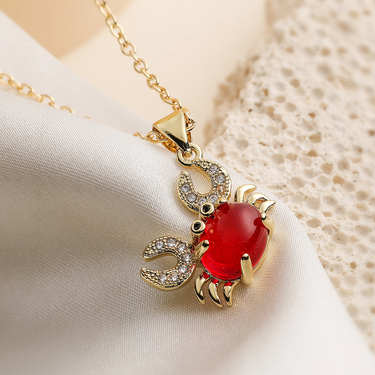 Minimalist Sweet 18K Gold Plated Brass Cubic Zirconia Crab Pendant Necklace for Women