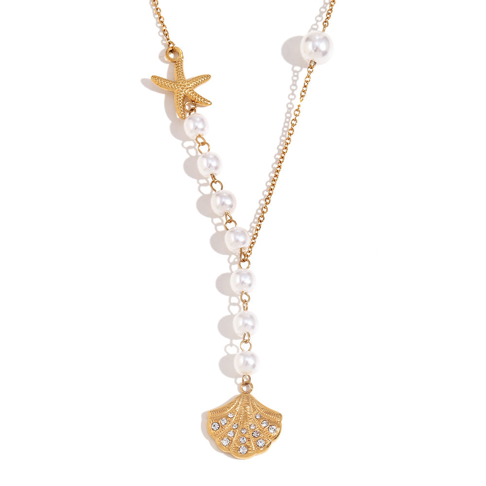 Vintage Fashion Asymmetrical Seashell Pendant Necklace for Women Stainless Steel with 18K Gold Plating and Micro-Pavé Rhinestone Accents