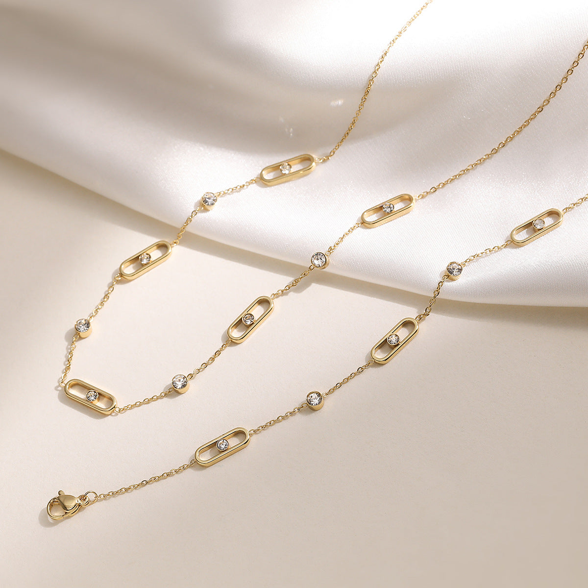 Minimalist 18K Gold Plated Geometric Stainless Steel Necklace with Cubic Zirconia for Women