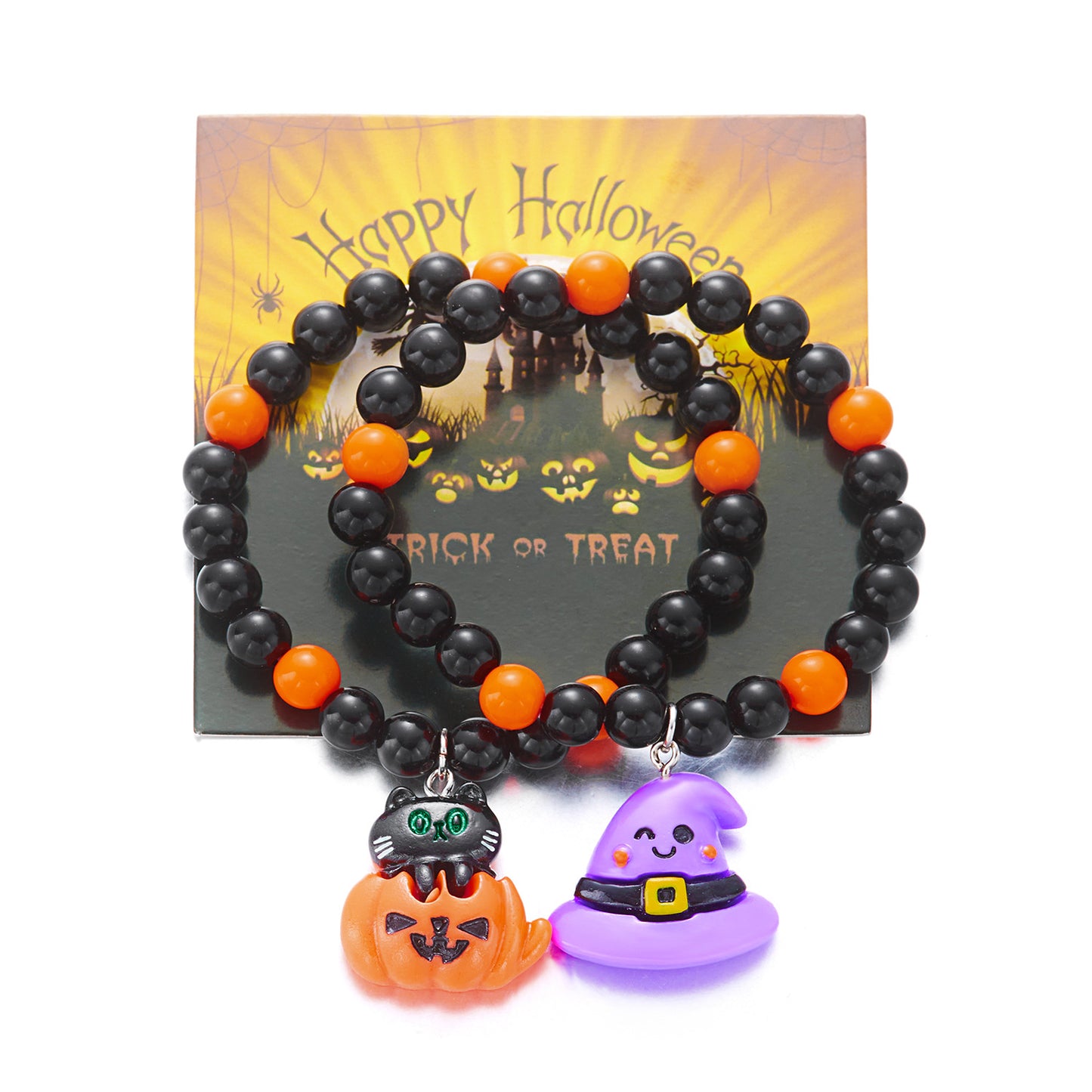 Set di braccialetti a tema Halloween, con ciondoli a forma di castello, zucca, fantasma e gatto, da donna