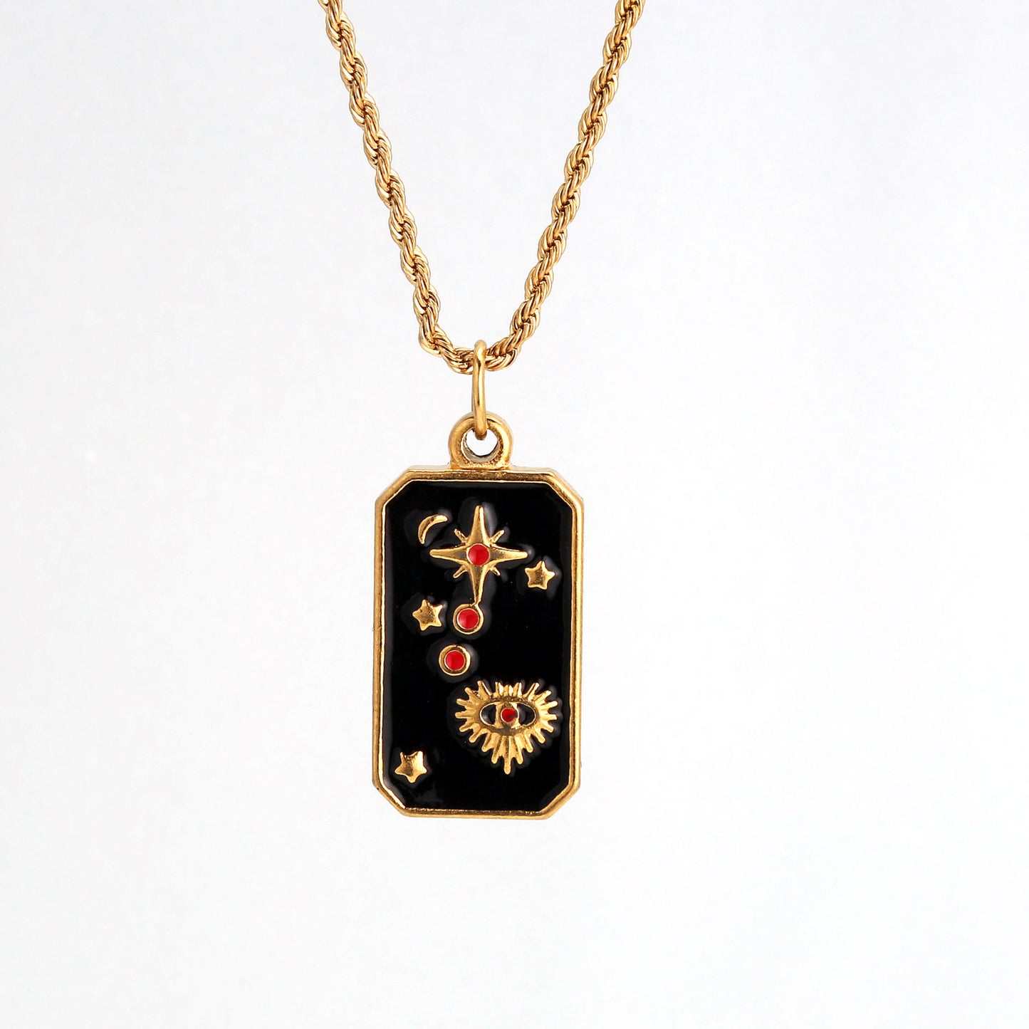 Elegante collar vintage de acero inoxidable con colgante cuadrado de esmalte de tarot con motivos de estrella y sol en cadena trenzada para mujer