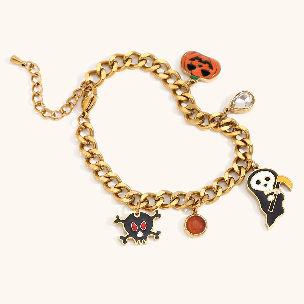 Cute Halloween-Themed Cartoon Pumpkin Pendant Stainless Steel Cuban Bracelet with 18K Gold Plating for Women