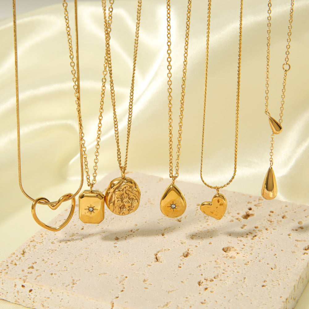 Minimalist Asymmetrical Heart and Teardrop Pendant Necklace in Stainless Steel with 18K Vacuum Plated Finish for Women