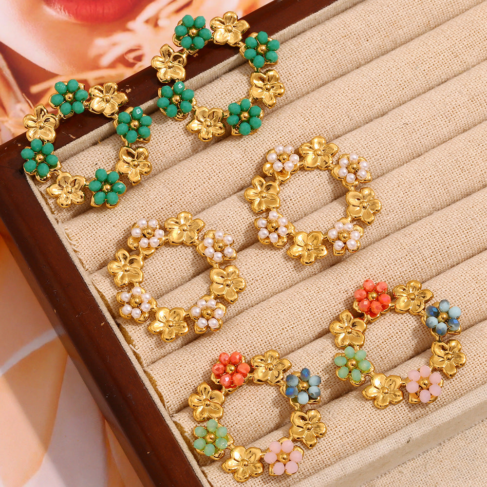 Vintage-Inspired Floral Round Hoop Earrings for Women in Stainless Steel with 18K Gold Plating