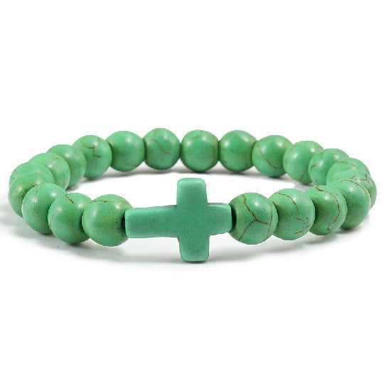 Natural Turquoise Cross Beaded Bracelet 8mm Round Stone Unisex Handmade Jewelry