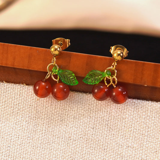 Set de collar y pendientes de acero inoxidable chapado con diseño minimalista y elegante de cerezas para mujer