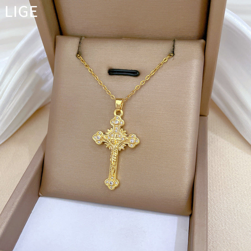 Collana minimalista con ciondolo a croce e intarsio di zirconi su catena in acciaio al titanio per donna e uomo