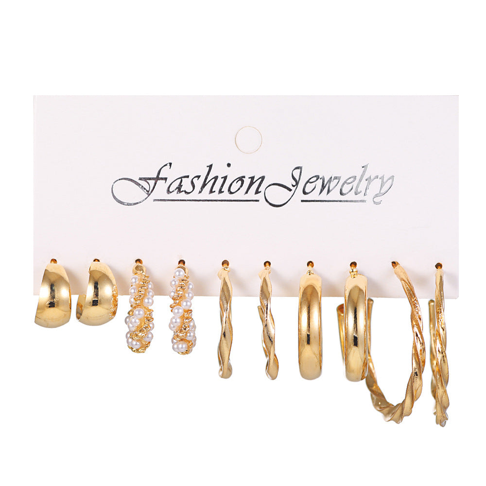Vintage Square Geometric Heart Alloy Plated Earring Set with Pearl Inlay