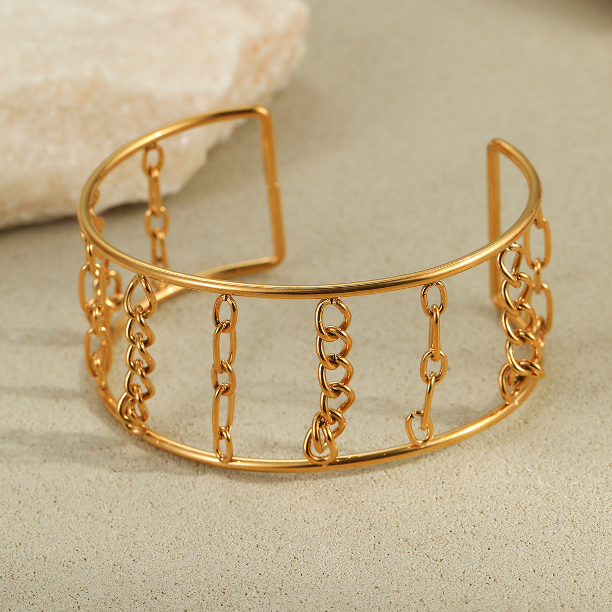 Fashionable Geometric Open Bangle Bracelet in Stainless Steel with 18K Gold Plating for Women