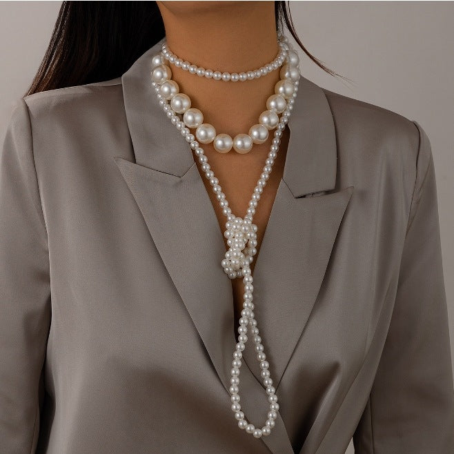 Collana da donna vintage elegante con perle finte a goccia geometriche, placcata, con catena a più strati