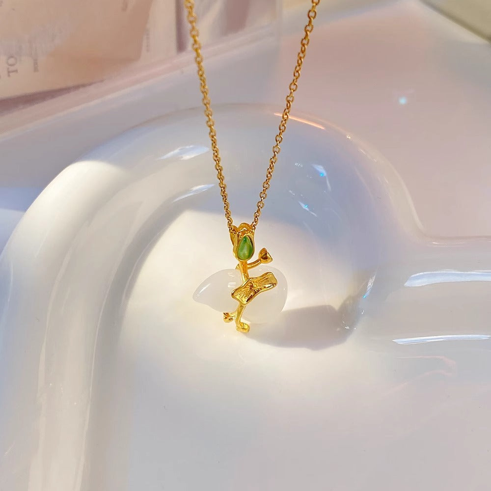 Vintage Floral Lotus and Gourd Jade Pendant Necklace in Titanium Steel with Plated Finish on O-Chain for Unisex Wear