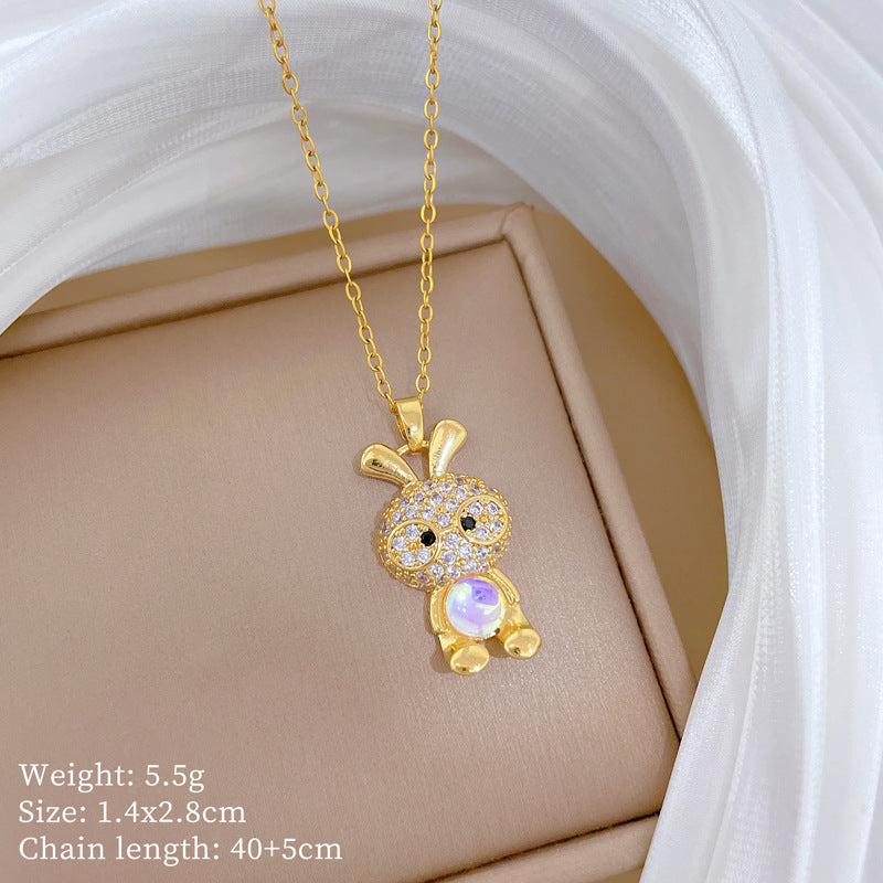 Sweet Minimalist Animal Shape Brass Pendant with Cubic Zirconia Inlay Titanium Steel Necklace for Unisex