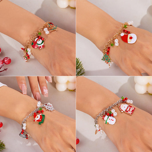 Fashionable Christmas-Themed Bracelet for Women with Santa and Snowflake Motifs, Alloy Construction, Enamel Finish, OT Clasp Closure