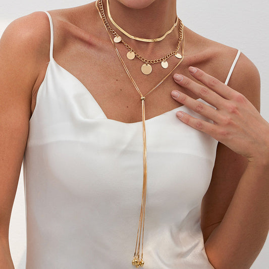 Layered Heart Pendant Round Disc Snake Chain Necklace Plated Alloy Jewelry for Women