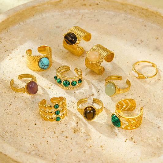 Vintage Instagram Style Geometric Stainless Steel Ring with Natural Stone Inlay and 18K Gold Plating for Women